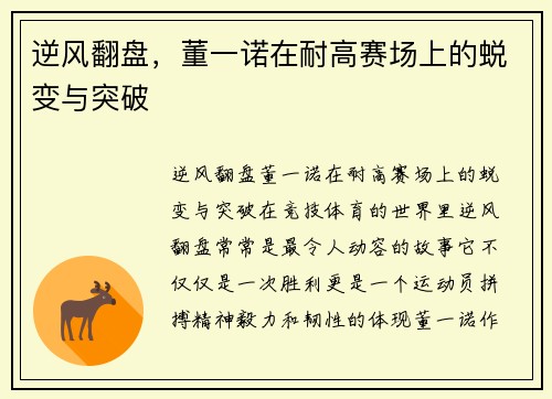 逆风翻盘，董一诺在耐高赛场上的蜕变与突破