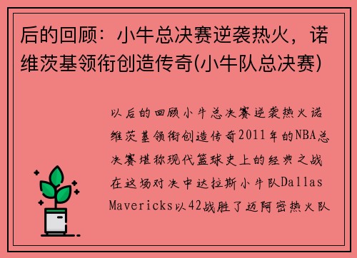 后的回顾：小牛总决赛逆袭热火，诺维茨基领衔创造传奇(小牛队总决赛)