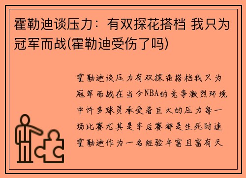霍勒迪谈压力：有双探花搭档 我只为冠军而战(霍勒迪受伤了吗)
