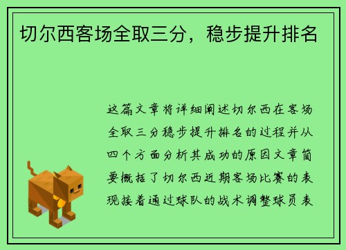 切尔西客场全取三分，稳步提升排名