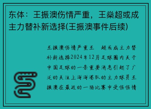 东体：王振澳伤情严重，王燊超或成主力替补新选择(王振澳事件后续)